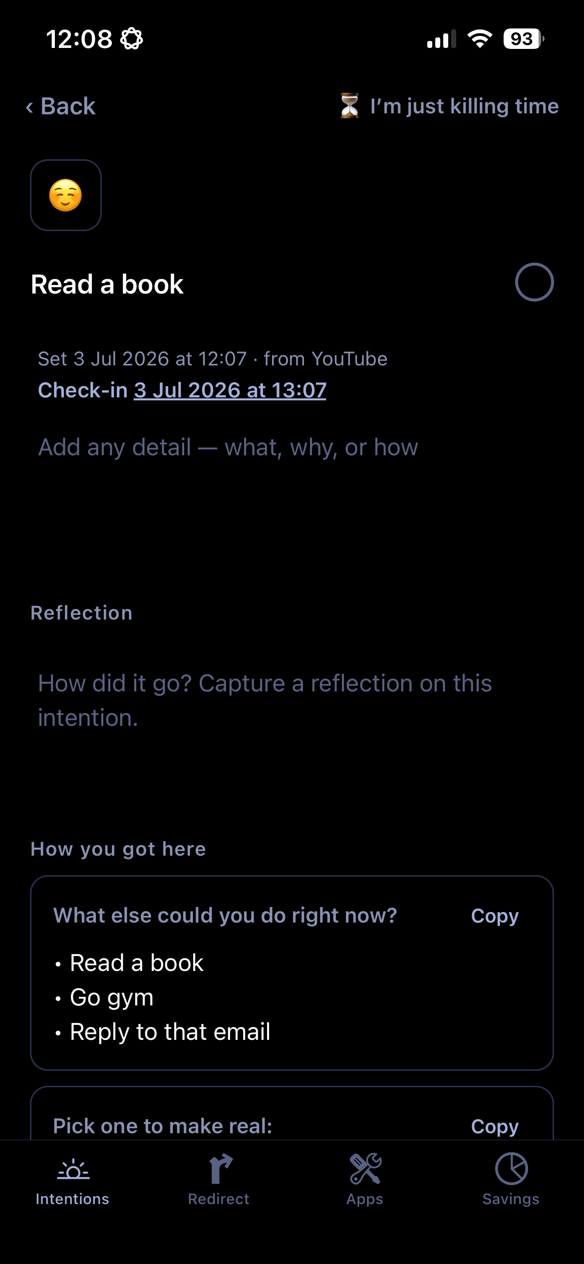 An intention detail screen showing the route transcript that led to it