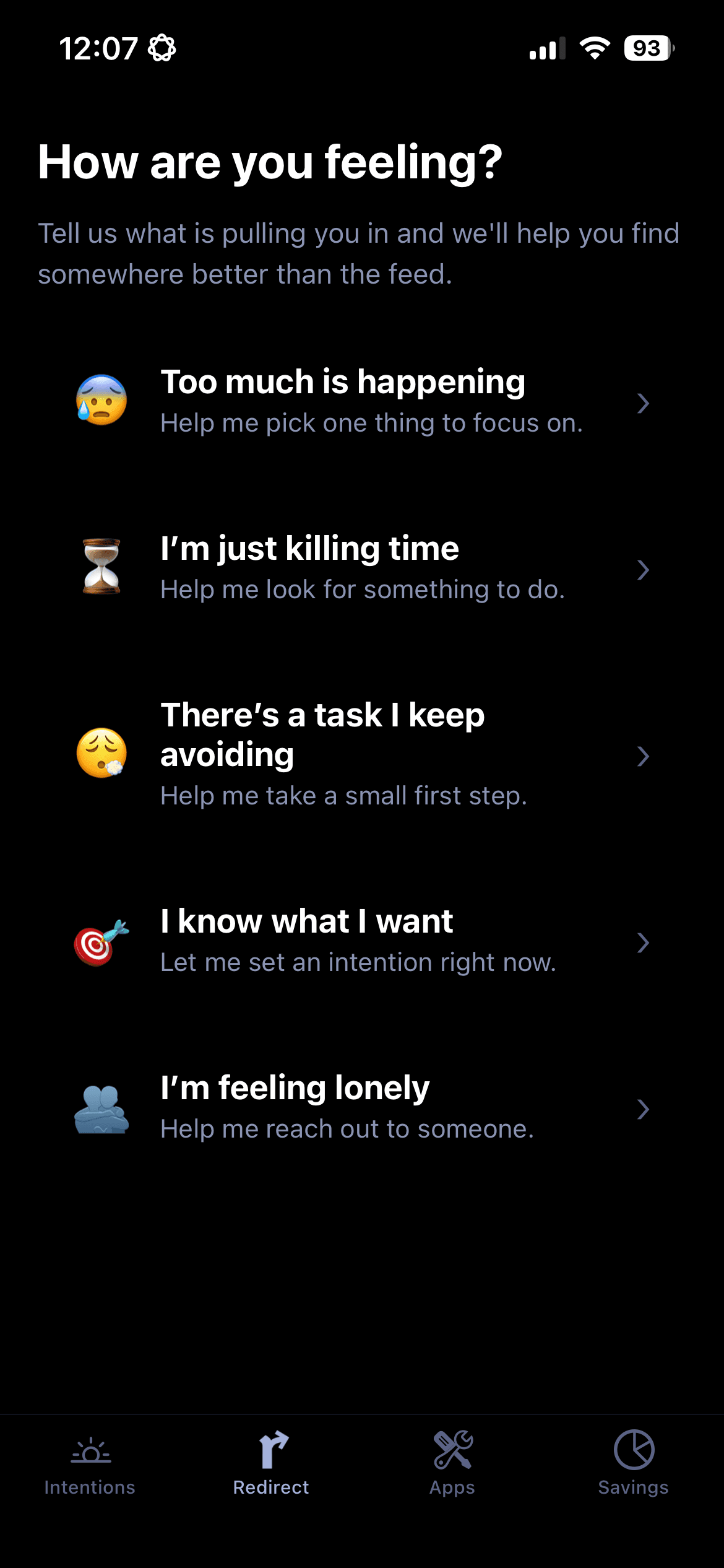 Router asking 'How are you feeling?' with five route options before opening a problem app